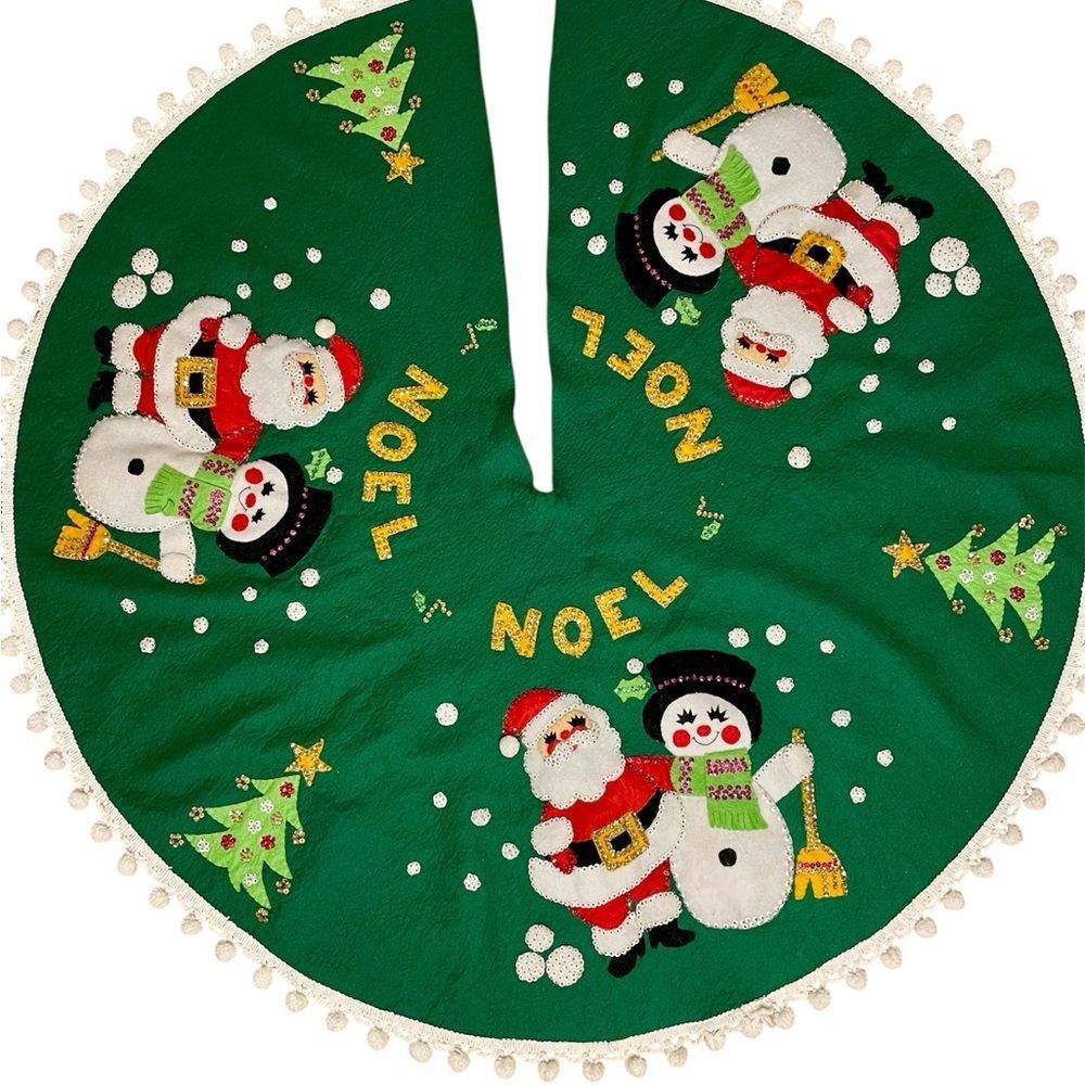 Bucilla Jeweled Christmas Tree Skirt Vintage Noel Handmade Santa Snowman Green